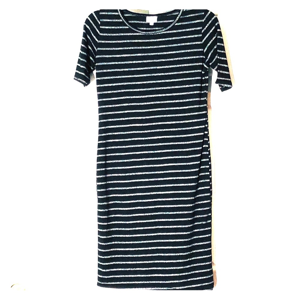 LuLaRoe Black & Silver striped, Julia dress - L